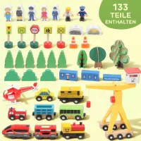 AIYAPLAY Holzeisenbahn Set 133 Stück Eisenbahn Set mit Elektrische Lok Zügen Grundplatte, Schienen Kran Brücke Kleinkinder ab 3(m-5)