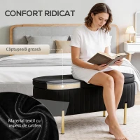 HOMCOM Bancă de Depozitare Ovală 72L cu Capac Rabatabil, din Catifea și Lemn, 108 x 44 x 43,5 cm, Negru(m-4)