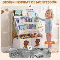 AIYAPLAY Bibliotecă Montessori pentru Copii 3-8 Ani cu 4 Rafturi și 2 Cutii cu Imprimeu Leu, Alb(m-5)