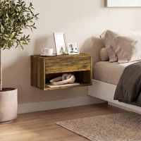 HOMCOM Wall Mounted Nightstands, Floating Bedside Tables Set of 2 with Drawer and Open Shelf for Bedroom, Rustic Brown(m-9)