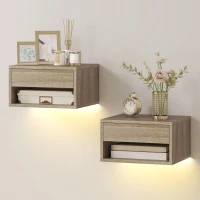 HOMCOM Set 2 Comodini Sospesi con LED RGB Integrati e Regolabili con APP, Cassetto e Ripiano, 37x32x21 cm, Color Legno(m-11)