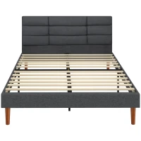 HOMCOM Cama Tapizada 140x200 cm con Cabecero Acolchado de Rejilla Almacenaje Inferior Láminas de Madera Gris(m-1)