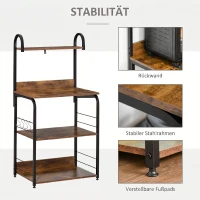 HOMCOM Küchenregal, Standregal mit 3 Ablagen, 4 Haken, Mikrowellenregal für Küche, Esszimmer, Rustikal-Braun, 60 x 40 x 125 cm(m-6)