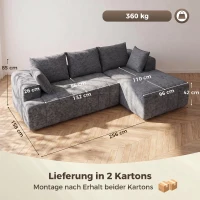 HOMCOM 3-Sitzer Ecksofa in L-Form mit Ottomane, wandelbares Chenille-Cloud-Schlafsofa mit Federkernpolsterung, Grau(m-3)