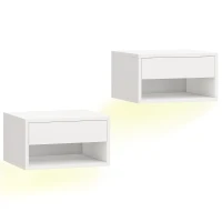 HOMCOM Lot de 2 tables de chevet suspendues avec éclairage LED RGB contrôle par application, étagère, tiroir, 37x32x21cm, blanc(m-1)