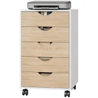 HOMCOM Büroschubladenkommode auf Rollen mit 5 Schubladen, mobiler Aktenschrank für Arbeitszimmer Wohnzimmer 40x40x67 cm Weiß und Natur(m-7)