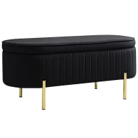 HOMCOM Bancă de Depozitare Ovală 72L cu Capac Rabatabil, din Catifea și Lemn, 108 x 44 x 43,5 cm, Negru(m-1)