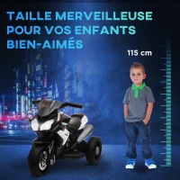 HOMCOM Moto électrique enfants 3 roues 6 V, voiture électrique enfants avec effets lumineux et sonores, vitesse 3 km/h, pour 3 à 5 ans, charge 25 kg, noir et blanc(m-7)
