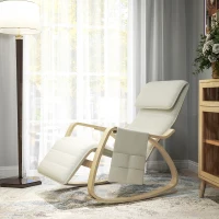 HOMCOM Silla Mecedora con Reposapiés Ajustable en 5 Posiciones Bolsillo Lateral Reposabrazos de Madera Reposacabezas Crema(m-9)