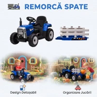 HOMCOM Tractor Electric pentru Copii cu Remorcă Detașabilă, Telecomandă, Port USB, Muzică și Lumini, 3-6 Ani, Albastru(m-4)