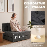 HOMCOM 2-in-1 Boneless Cloud Bodenstuhl, klappbares Schlafsessel mit Cord-Optik & Lendenkissen, Dunkelgrau(m-5)
