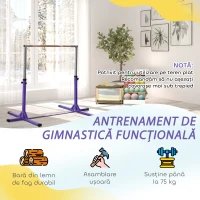 HOMCOM Bară de Gimnastică pentru Copii 3+ Ani cu Înălțime Reglabilă, Oțel și Lemn de Fag, Violet(m-5)