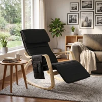 HOMCOM Silla Mecedora con Reposapiés Ajustable en 5 Posiciones Bolsillo Lateral Reposabrazos de Madera Reposacabezas Negro(m-8)