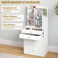 HOMCOM Kaptafel met spiegel en gevoerde kruk, compacte make-uptafel met kast, lades en open planken, wit(m-5)