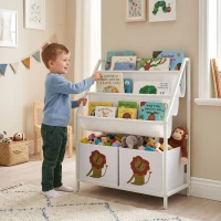 AIYAPLAY Bibliotecă Montessori pentru Copii 3-8 Ani cu 4 Rafturi și 2 Cutii cu Imprimeu Leu, Alb(m-8)