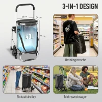 HOMCOM Einkaufstrolley, 40 L Oxford-Tasche, 3-Rad-Design, Aluminiumrahmen, Sitz, Duneklgrau(m-4)