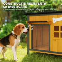PawHut Cușcă pentru câini de exterior din lemn și oțel rezistent la mușcături, cu acoperiș rabatabil și perdea pentru ușă, galben(m-4)