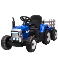 HOMCOM Tractor Electric pentru Copii cu Remorcă Detașabilă, Telecomandă, Port USB, Muzică și Lumini, 3-6 Ani, Albastru(m-12)