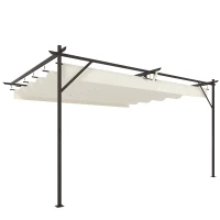 Outsunny Pérgola de Pared de Jardín 4x3 m con Techo Retráctil Protección UPF30+ Drenaje Cenador de Jardín para Exterior Crema(m-1)