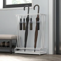 HOMCOM Portaombrelli con Vaschetta per l'Acqua, 21 Fori e 24 Ganci per Ombrello, in Acciaio, 50x24x68 cm, Bianco(m-6)