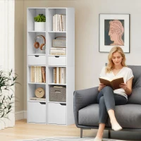 HOMCOM Bücherregal mit 6 Ebenen, 3-stufig verstellbar, mit Schublade, Schranktür, anpassbares Regal, Ausstellungsregal, Weiß(m-7)