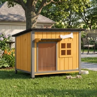 PawHut Cușcă pentru câini de exterior din lemn și oțel rezistent la mușcături, cu acoperiș rabatabil și perdea pentru ușă, galben(m-8)