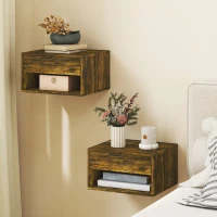 HOMCOM Wall Mounted Nightstands, Floating Bedside Tables Set of 2 with Drawer and Open Shelf for Bedroom, Rustic Brown(m-2)
