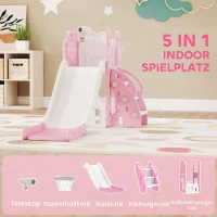 AIYAPLAY 5-in-1 Kinderrutschenset, Teleskop, Basketballkorb, HDPE, Kunststoff, Rosa+Weiß(m-4)