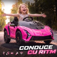 AIYAPLAY Mașină Electrică pentru Copii 3-6 Ani 12V Lamborghini Autentica, 2 Motoare, Uși Tip Foarfecă, Suspensii, Roz(m-7)