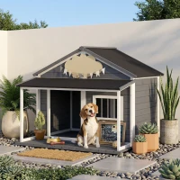 PawHut Cuccia per Cani da Esterno con Terrazza, Finestra e Tetto Impermeabile, 124x112x105cm, Grigio(m-2)