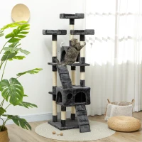 PawHut Albero Tiragraffi per Gatti con 3 Posatoi, 2 Casette e Giochi Appesi, in Legno e Peluche, 49x49x173 cm, Grigio(m-10)