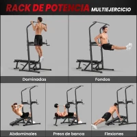 HOMCOM Estación de Musculación Torre de Entrenamiento Altura Ajustable con Barra de Dominadas y Banco Plegable para Fitness en Casa Gimnasio Carga 150 kg 99x178x230 cm Negro(m-4)