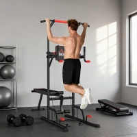 HOMCOM Barra de Dominadas Torre Entrenamiento Energía Power Tower Estación Pull Up Multifuncional Altura Ajustable 181-229 cm con Banco Plegable para Fitness Negro(m-2)