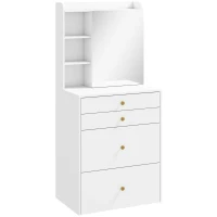 HOMCOM Schminktisch mit Spiegel und gepolstertem Hocker, kompakter Frisiertisch mit Schrank, Schubladen und offenen Ablagen, Weiß(m-1)