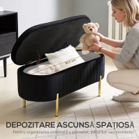 HOMCOM Bancă de Depozitare Ovală 72L cu Capac Rabatabil, din Catifea și Lemn, 108 x 44 x 43,5 cm, Negru(m-6)