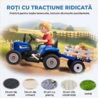 HOMCOM Tractor Electric pentru Copii cu Remorcă Detașabilă, Telecomandă, Port USB, Muzică și Lumini, 3-6 Ani, Albastru(m-7)