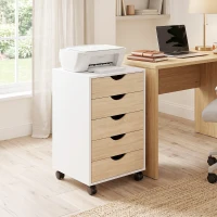 HOMCOM Büroschubladenkommode auf Rollen mit 5 Schubladen, mobiler Aktenschrank für Arbeitszimmer Wohnzimmer 40x40x67 cm Weiß und Natur(m-6)