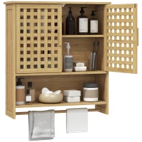 HOMCOM Dulap de perete pentru baie din bambus cu 2 uși ventilate, compartiment deschis și poliță reglabilă, lemn natural(m-8)