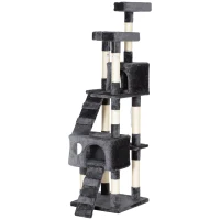 PawHut Albero Tiragraffi per Gatti con 3 Posatoi, 2 Casette e Giochi Appesi, in Legno e Peluche, 49x49x173 cm, Grigio(m-11)