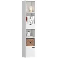 HOMCOM Bücherregal mit 6 Ebenen, 3-stufig verstellbar, mit Schublade, Schranktür, anpassbares Regal, Ausstellungsregal, Weiß(m-12)