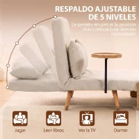 HOMCOM Sofá Cama 2 Plazas Convertible 3 en 1 Tapizado en Chenilla con Respaldo Ajustable Mesa Lateral 2 Almohadas Blanco Crema(m-5)