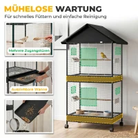 PawHut Vogelvoliere Groß Vogelkäfig mit Abnehmbar Trennwand 2 Türen 2 Holzstangen Rollen 2 Schalen 4 Futterspendern XXL(m-7)