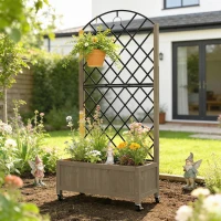 Outsunny Raised Garden Bed with Metal Trellis, Wooden Elevated Planter Box w/Lockable Wheels, Outdoor Raised Planter, Carbonised(m-8)