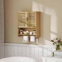 HOMCOM Dulap de perete pentru baie din bambus cu 2 uși ventilate, compartiment deschis și poliță reglabilă, lemn natural(m-7)
