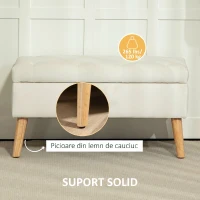 HOMCOM Taburet cu Depozitare In Catifea Picioare In Lemn Di Cauciuc 80x35x42 cm Crem(m-6)