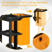HOMCOM Cărucior de Curățenie cu 3 Rafturi, Cârlige și Sac de 100L, 121x50.5x96.5 cm, Negru, Galben și Gri(m-6)