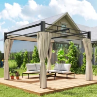 Outsunny Pérgola de Jardín 3x3 m con Techo Retráctil y Cortinas Protección UV30+ Estructura Metálica para Patio Terraza Beige(m-8)