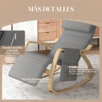 HOMCOM Silla Mecedora con Reposapiés Ajustable en 5 Posiciones Bolsillo Lateral Reposabrazos de Madera Reposacabezas Gris(m-6)