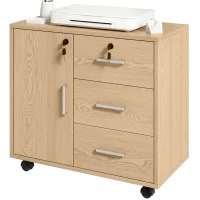 HOMCOM Caisson bureau meuble de rangement verrouillable avec 3 tiroirs et étagère réglable, roulettes, 40 x 60 x 56 cm, marron clair(m-18)