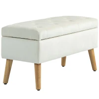 HOMCOM Taburet cu Depozitare In Catifea Picioare In Lemn Di Cauciuc 80x35x42 cm Crem(m-12)